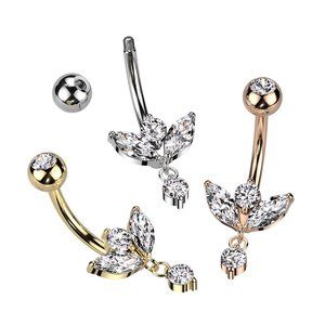 316L Surgical Steel Belly Ring With Marquise CZ Sprout and Small CZ Dangle